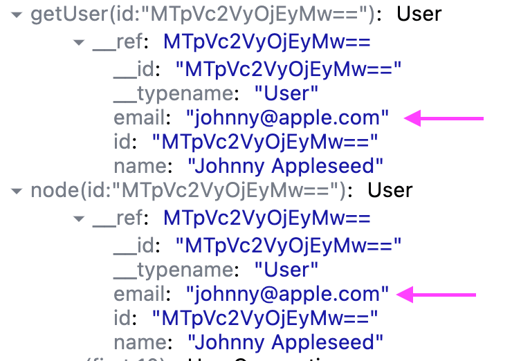 Screenshot of a Relay dev tools displaying node and getUser fieldsBoth `node` and `getUser` reference the same `User` object