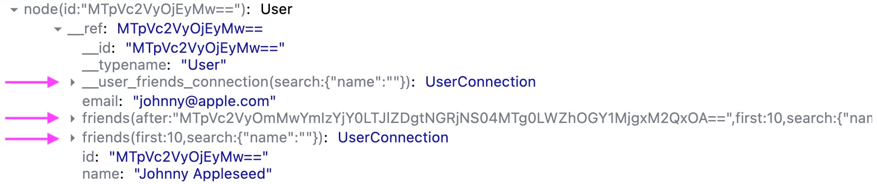 Relay dev tools with UserConnection on second pageNext page fetched, more fields!